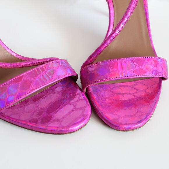 Tabitha Simmons Hot Pink Iridescent Lizard-Embossed Strappy High Heels - Picture 6 of 12